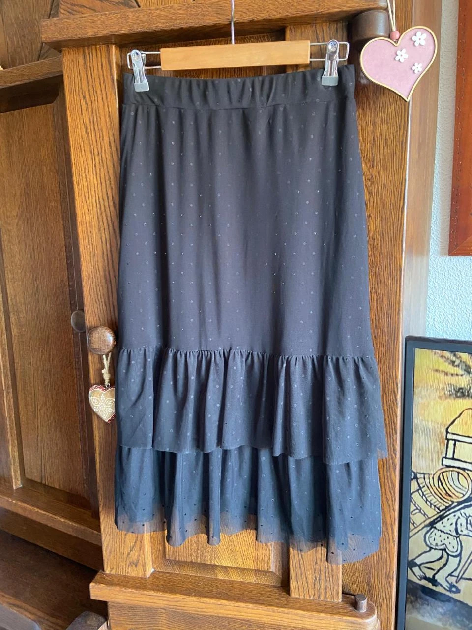 Falda larga midi negra boho con volantes y tejido plumeti. Even&Odd. – photo 2